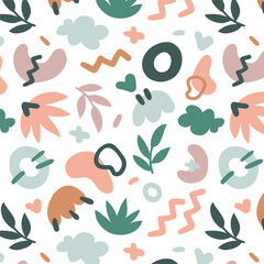 Fototapeta premium Modern Botanical Seamless Pattern with Abstract Leaves and Organic Shapes