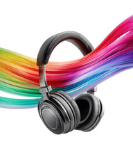 Naklejka premium Black over ear wireless headphones with flowing rainbow sound wave ribbon isolated
