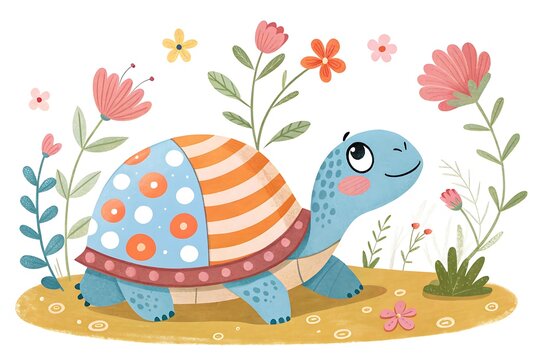 Cute cartoon turtle with colorful striped shell in a flower garden