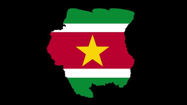 Suriname map pop animation with flag colors and black background