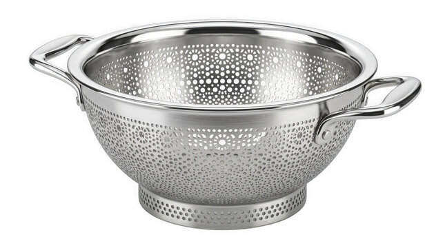 Stainless steel colander with handles, polished chrome kitchen strainer for pasta and vegetables, professional metal food drainer on white background