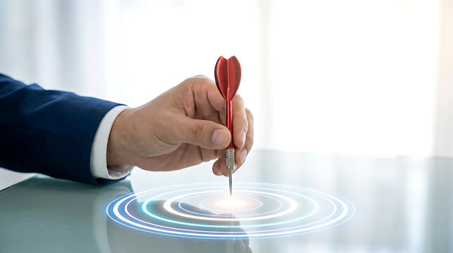 Businessman hand holding a red dart aiming at a digital target on transparent background