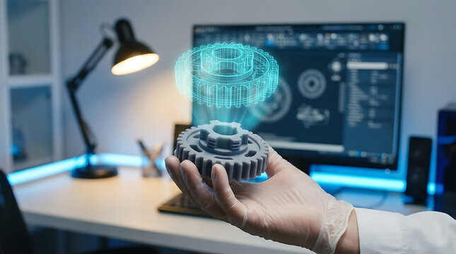 Futuristic 3D hologram of gears concept in a hightech workspace