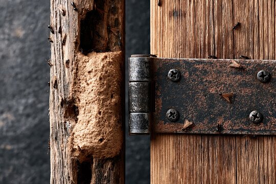 Close-up of a weathered wooden door hinge showing signs of decay and termite damage
