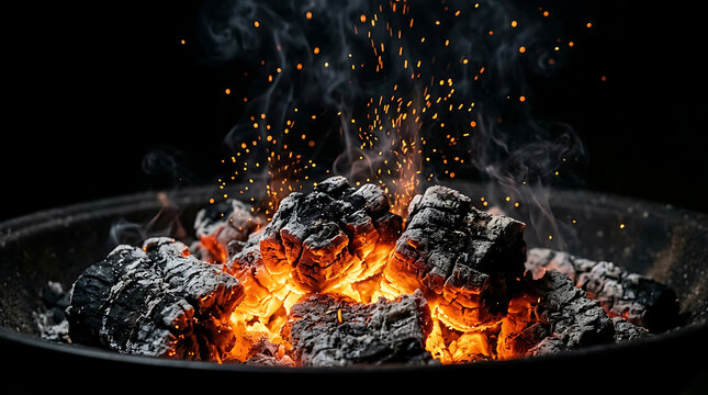 Hot glowing embers burning with sparks and smoke in a fire bowl