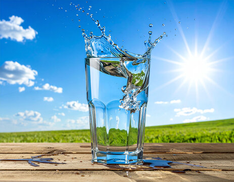 青空と緑の草原を背景に透明なグラスから水が飛び散る爽やかな夏のイメージ　清涼感のある飲み物と水しぶきの躍動感を感じさせる広告用写真素材　夏の健康や水分補給を表現するポスターやチラシに最適なコピースペース付きの高品質な景観写真