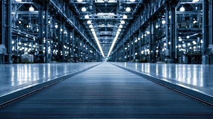 Fototapeta premium Vast, Modern Industrial Warehouse Interior with Rows of Lights and Reflective Floor
