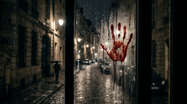 Mysterious rainy street with bloody handprint on wet window glass