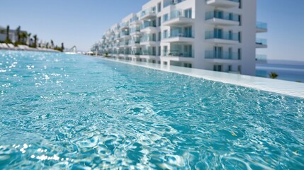 Fototapeta premium Luxury infinity swimming pool overlooking the ocean at a modern white hotel resort on a sunny day