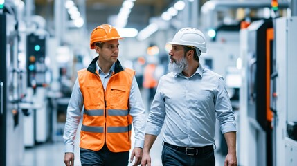 Plakat Two male factory workers wearing hard hats and safety vests discuss operations on the production floor