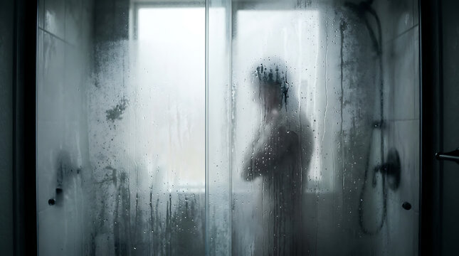 Silhouette of a person behind a foggy shower glass door