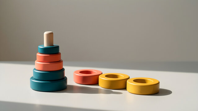 Plain wooden stacking rings with even progression for family, pet and early-life product campaign
