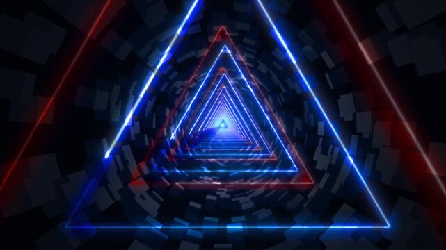 Neon triangle tunnel background blue red glowing outlines, dark geometric walls, and deep perspective motion. for EDM videos, gaming intros, futuristic titles, sci fi transitions, and music overlays.