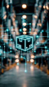 Digital connection and network of a glowing delivery package in a warehouse