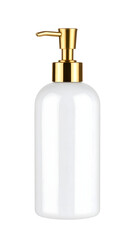 Fototapeta premium Soap dispenser bottle with luxury gold pump and blank white plastic container for cosmetic lotion on transparent background