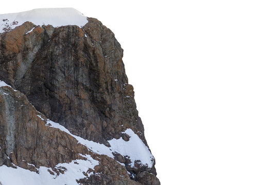 Isolated Rocky Mountain Cliff With Snowy Ledges on White Background, 3D Rendering Cutout