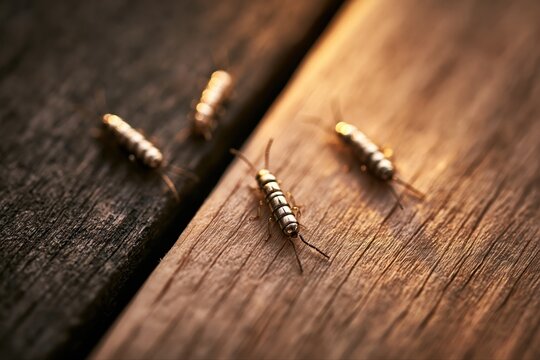 Macro photograph of four silverfish insects crawling on weathered wooden surface with dramatic lighting
