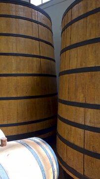 Close up of large vintage oak casks with metal hoops in authentic Spanish winery bodega in Xalo (Jalon), traditional wine storage, historical heritage, 4K.