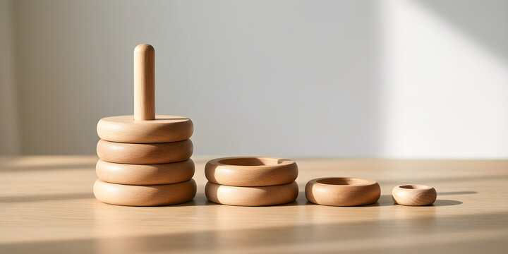 Plain wooden stacking rings with even progression for family, pet and early-life product campaign