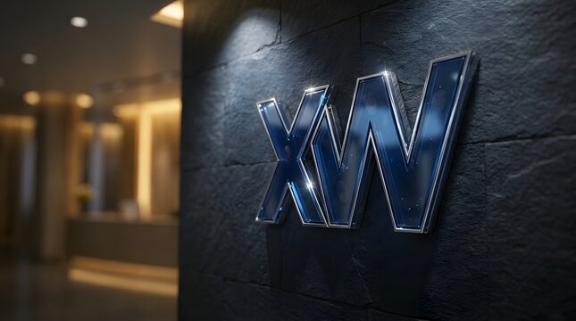 3D Modern Sapphire Blue Metallic Glass XW Monogram Logo in Corporate Lobby