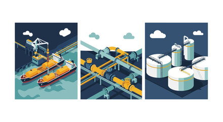 Naklejka premium Isometric Industrial Liquid Cargo Terminal and Oil Storage Infrastructure