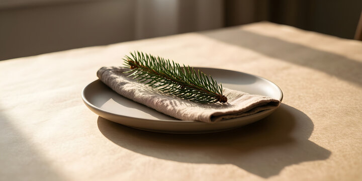 Minimal winter table place setting with plain plate, folded napkin and pine sprig for autumn retail, ecommerce and holiday-preparation campaign
