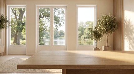 Fototapeta premium Empty Wooden Tabletop in Minimalist Sunny Living Room Interior Background for Product Display and Website Web Banner.