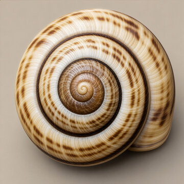 Top view of a spiral snail shell with brown striped patterns on a solid beige background, macro photograph detailing natural texture and golden ratio geometry