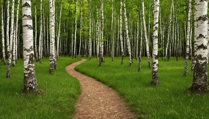 Obraz premium Forest trail birch trees copy space