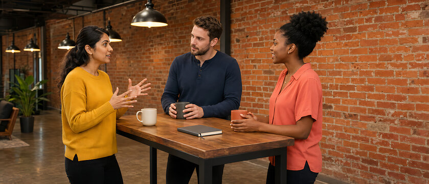 Diverse startup team having informal standing meeting around high table in brick-wall office &mdash; ceramic mugs, closed notebook, creative collaboration