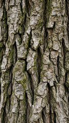 Fototapeta premium Full Frame Texture of Rough Old Tree Bark with Deep Fissures and Green Moss Patches, Natural Organic Wooden Background for Ecological Design