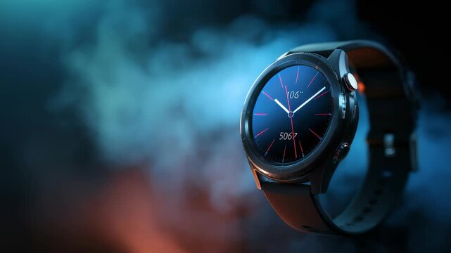 High resolution image of a stylish smart watch emphasizing its digital display and contemporary design, surrounded by colorful mist. Perfect for technology, fitness, and innovation themes