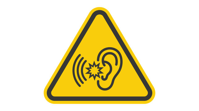 Loud noise warning sign. Hearing protection required icon for industrial safety.