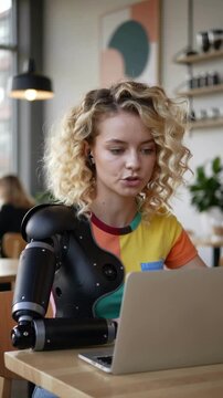 Young woman with prosthetic arm using laptop in cafe with colorful t-shirt, eye level shot
