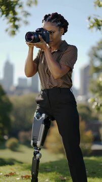 Black woman with prosthetic leg holding camera taking photo in park with city skyline background