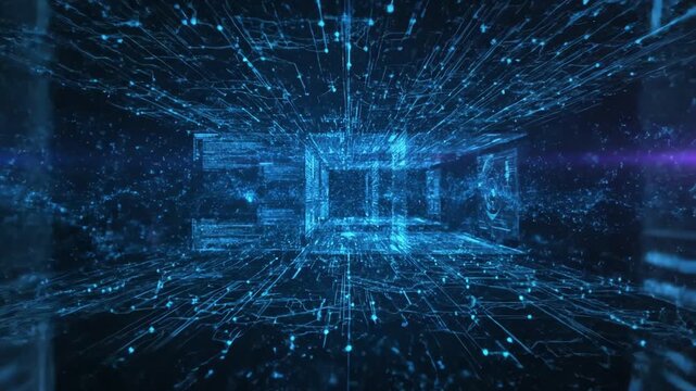 Blue, digital interface with abstract forms and dotted lines in a futuristic space