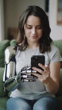 Young woman with silver prosthetic arm using smartphone while sitting on green sofa, medium shot