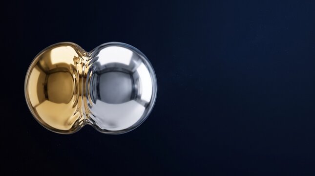 Metallic gold and silver liquid spheres merging on dark blue gradient background.