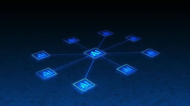 Connected artificial intelligence hub visual bright AI panels, dashed network paths, futuristic grid space. neural computing videos, cloud automation concepts, tech promos, digital platform overlays.