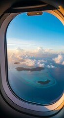 Fototapeta premium Aerial View Through Airplane Window of Tropical Islands At Sunset Over Turquoise Ocean And Clouds