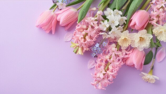Fresh pink tulips, hyacinths, white daffodils, and delicate blossoms with water droplets arranged on a lavender background with generous copy space.