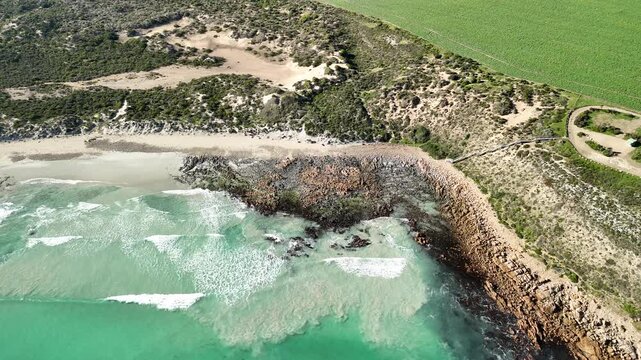 Blue Bay, White Hut, South Australia &ndash; 4K aerial drone view of pristine beach, turquoise waters, coastal dunes, Thidna Beach, Daly Head, Yorke Peninsula coastline, Gleesons Landing - Bush Campground