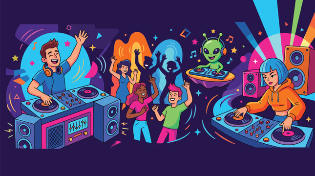 Colorful party vector illustration with human and alien DJs, dancing crowd, vibrant lights, and futuristic music festival atmosphere