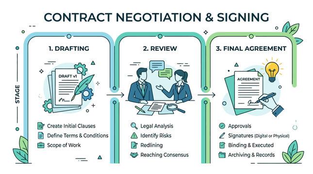 Comprehensive Infographic Illustrating the Three Stages of Contract Negotiation and Signing Process: Drafting, Review, and Final Agreement