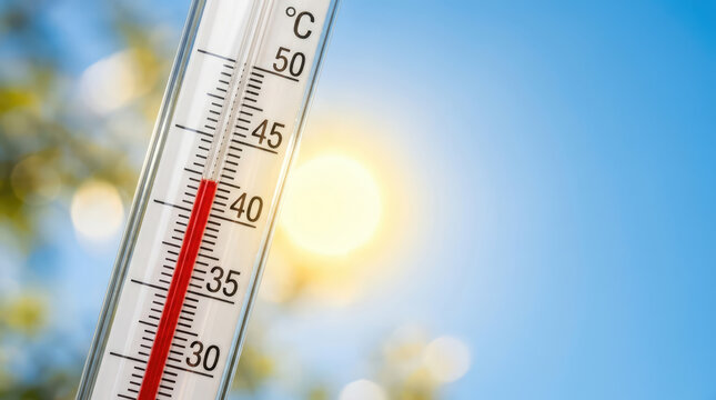 Extreme Heatwave and Global Warming Concept with Thermometer Showing High Temperature Under Bright Summer Sun