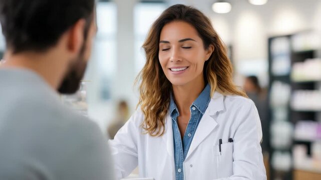 Friendly female pharmacist assists client at pharmacy counter, ensuring personalized healthcare service. Scene captures trust, expertise, positive customer experience in contemporary setting