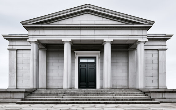 Grand stone building entrance with imposing columns, a triangular pediment, and a dark double door.