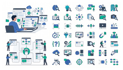 Fototapeta premium Business Team Working on Intelligent Information Retrieval and Data Architecture Vector Illustration