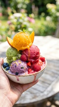 macro of colorful fruit sorbet scoops with fresh fruit pieces melting slightly, bright summer light, vibrant and refreshing textures