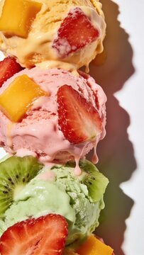 macro of colorful fruit sorbet scoops with fresh fruit pieces melting slightly, bright summer light, vibrant and refreshing textures